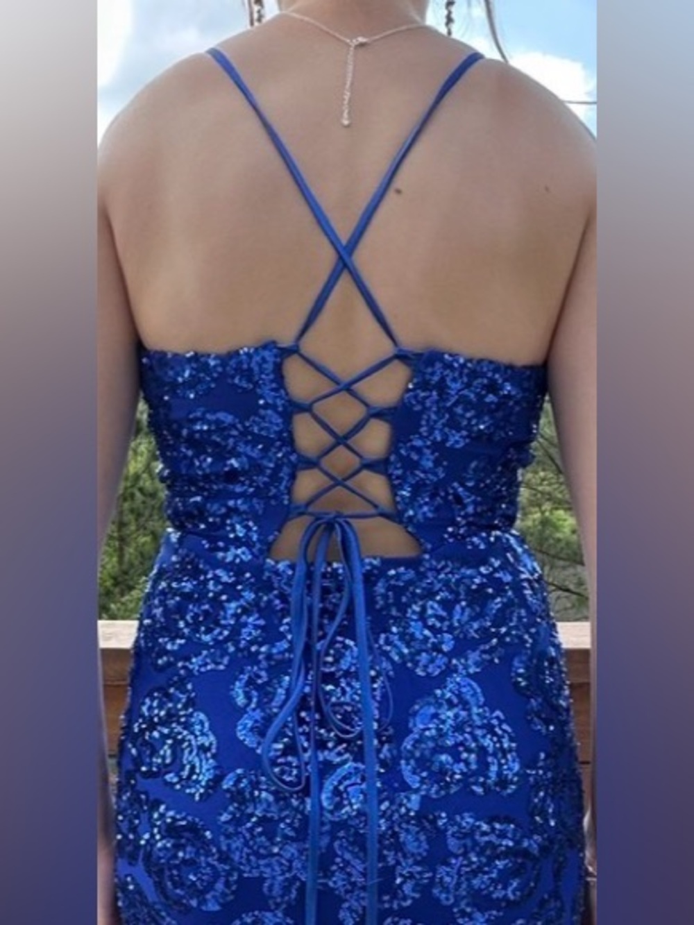 Von Maur Royal Blue prom dress with built-in bra, leg slit, and cross back - Picture 6 of 6
